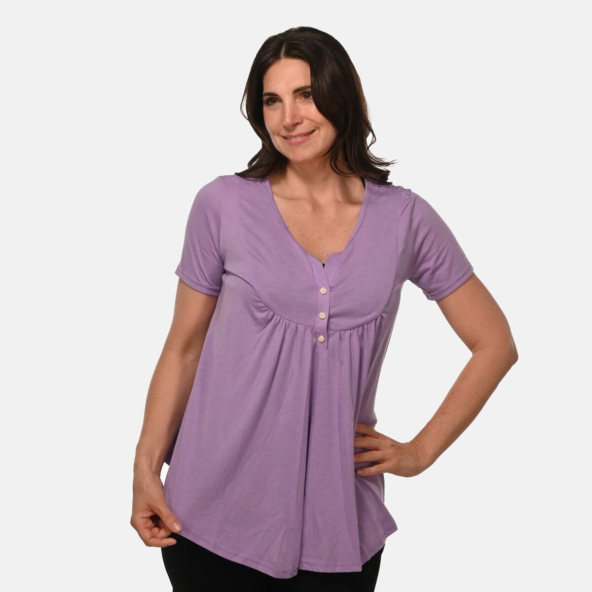 Lilac Short Sleeve Knit Rouched Front Top with Buttons - M image number 3