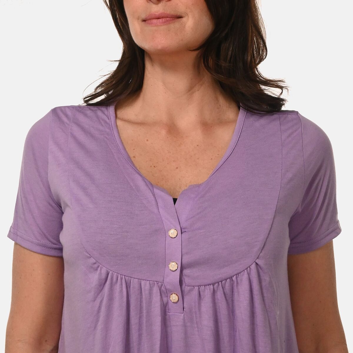Lilac Short Sleeve Knit Rouched Front Top with Buttons - M image number 4