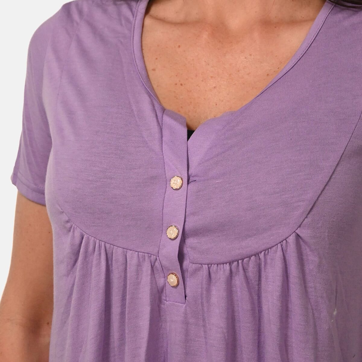 Lilac Short Sleeve Knit Rouched Front Top with Buttons - M image number 5