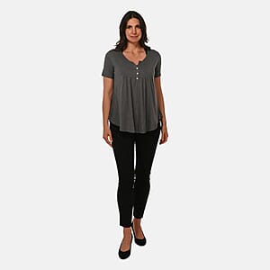 Grey Short Sleeve Knit Rouched Front Top with Buttons - S
