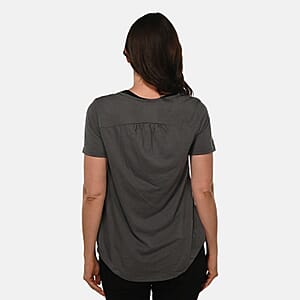 Grey Short Sleeve Knit Rouched Front Top with Buttons - S