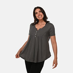 Grey Short Sleeve Knit Rouched Front Top with Buttons - S