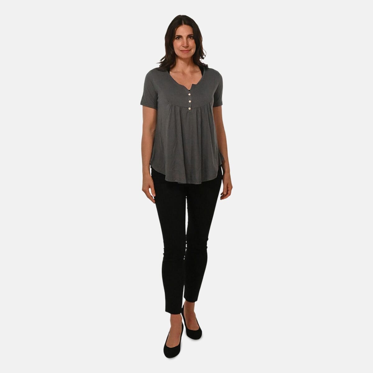 Grey Short Sleeve Knit Rouched Front Top with Buttons - 2X image number 0