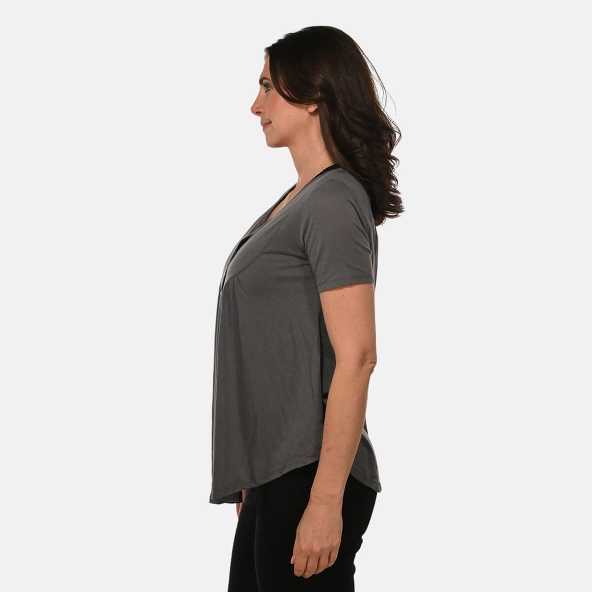 Grey Short Sleeve Knit Rouched Front Top with Buttons - 2X image number 2