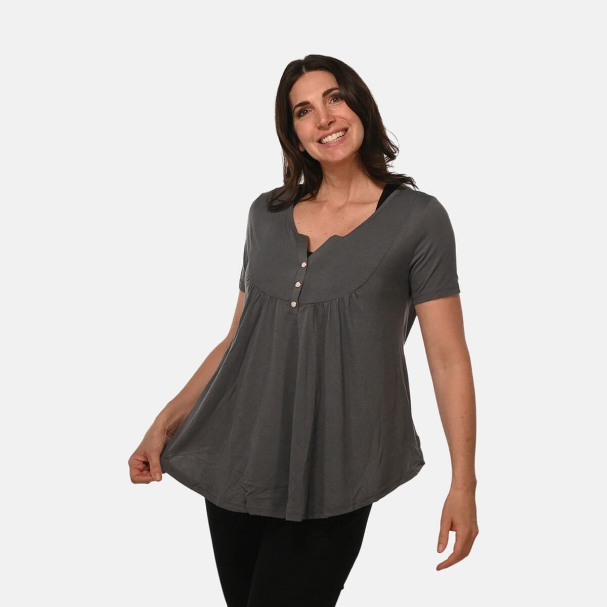 Grey Short Sleeve Knit Rouched Front Top with Buttons - 2X image number 3