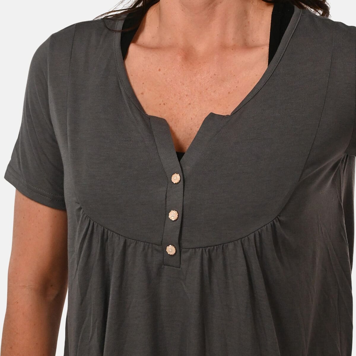 Grey Short Sleeve Knit Rouched Front Top with Buttons - 2X image number 4