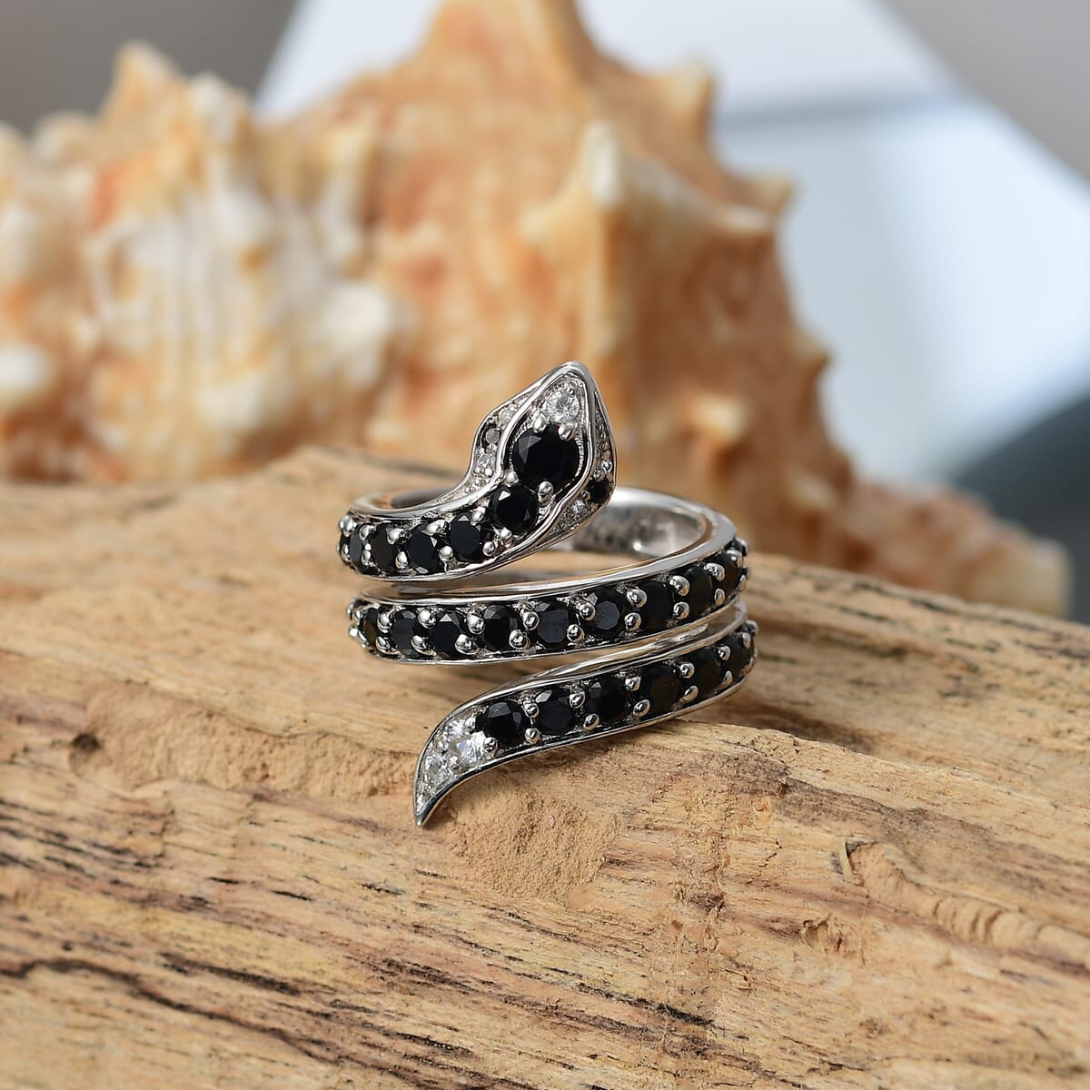 Karis Thai Black Spinel and White Zircon 2.90 ctw Snake Ring in Platinum Bond (Size 6.0)  image number 1