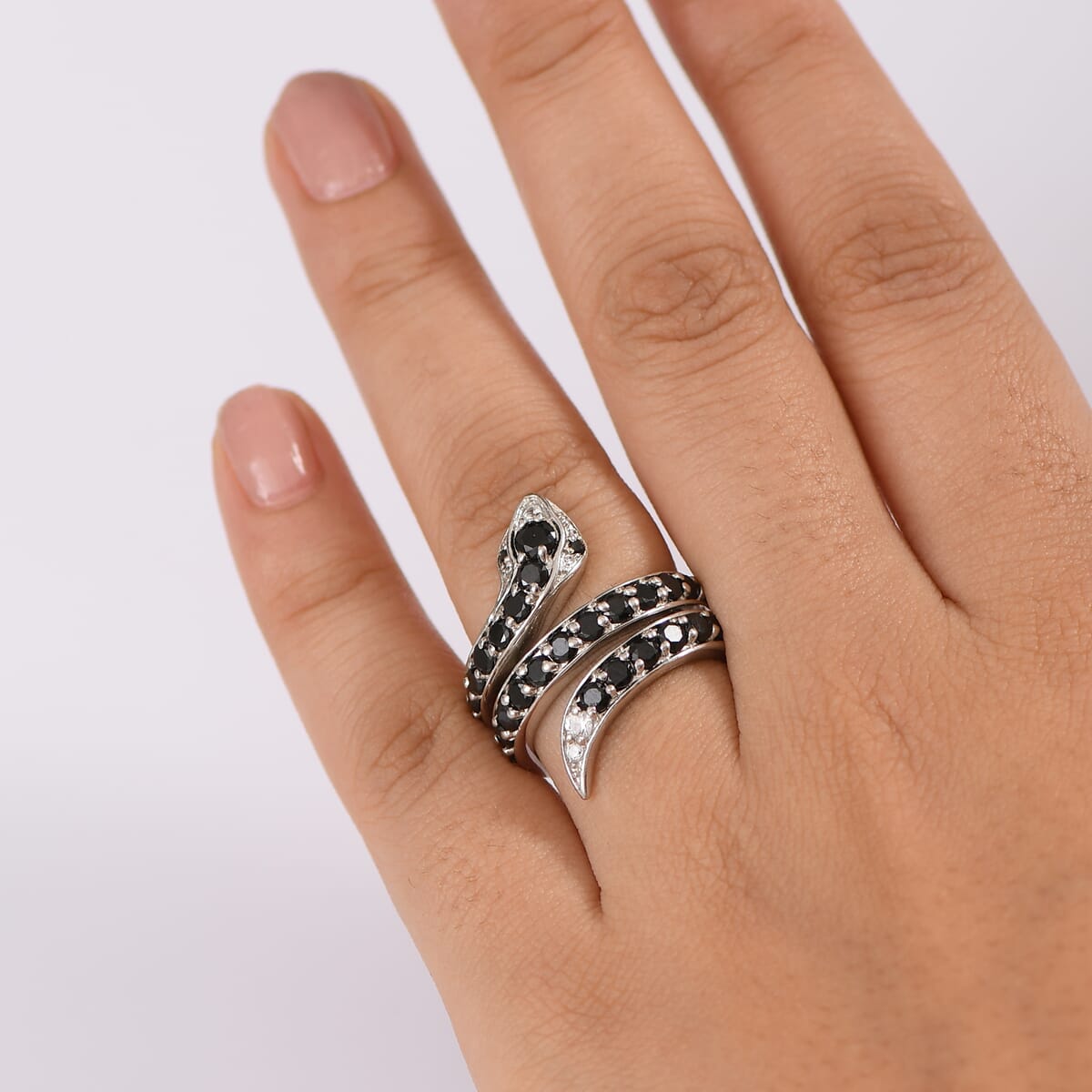 Karis Thai Black Spinel and White Zircon 2.90 ctw Snake Ring in Platinum Bond (Size 6.0)  image number 2