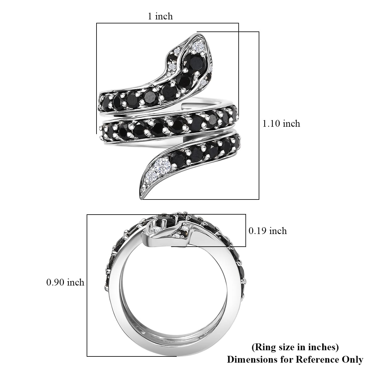 Karis Thai Black Spinel and White Zircon 2.90 ctw Snake Ring in Platinum Bond (Size 6.0)  image number 5