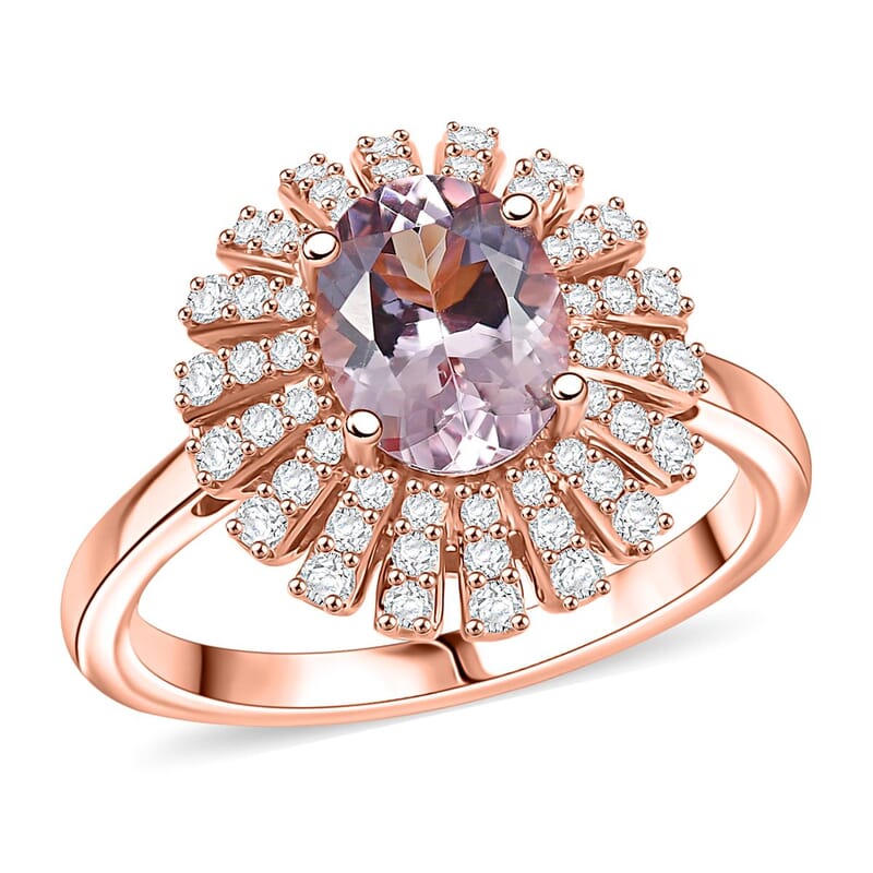 D'Joy Premium Pink Morganite and Moissanite 2.00 ctw Rosette Halo Ring in 18K Vermeil Rose Gold Over Sterling Silver (Size 10.0)