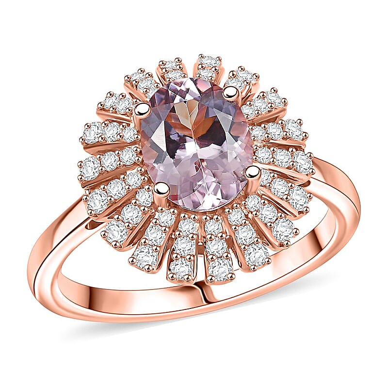 D'Joy Premium Pink Morganite and Moissanite 2.00 ctw Rosette Halo Ring in 18K Vermeil Rose Gold Over Sterling Silver (Size 10.0)