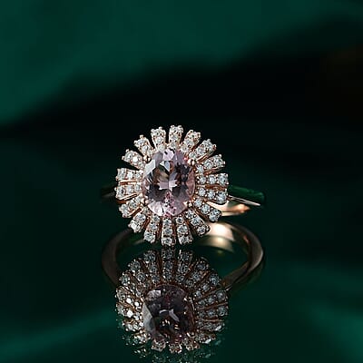 D'Joy Premium Pink Morganite and Moissanite 2.00 ctw Rosette Halo Ring in 18K Vermeil Rose Gold Over Sterling Silver (Size 10.0)