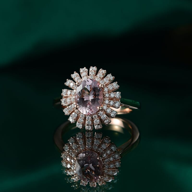 D'Joy Premium Pink Morganite and Moissanite 2.00 ctw Rosette Halo Ring in 18K Vermeil Rose Gold Over Sterling Silver (Size 10.0)