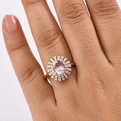 D'Joy Premium Pink Morganite and Moissanite 2.00 ctw Rosette Halo Ring in 18K Vermeil Rose Gold Over Sterling Silver (Size 10.0)