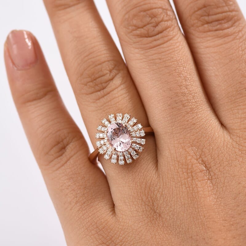 D'Joy Premium Pink Morganite and Moissanite 2.00 ctw Rosette Halo Ring in 18K Vermeil Rose Gold Over Sterling Silver (Size 10.0)