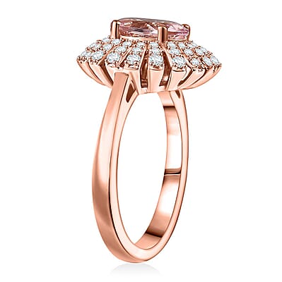 D'Joy Premium Pink Morganite and Moissanite 2.00 ctw Rosette Halo Ring in 18K Vermeil Rose Gold Over Sterling Silver (Size 10.0)