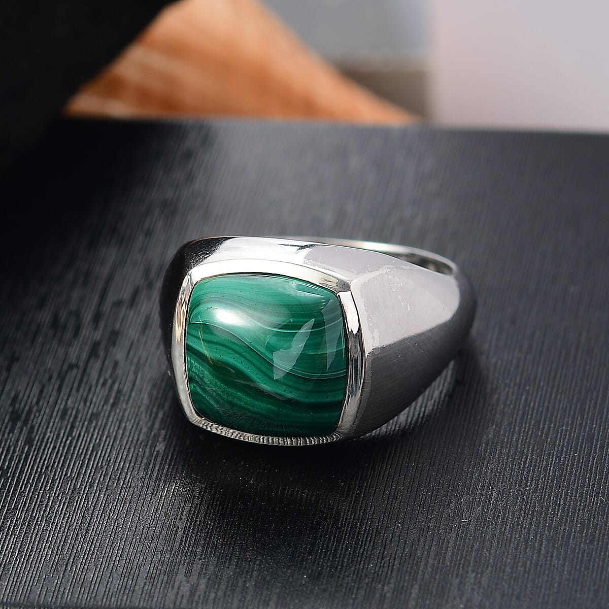 D'Joy African Malachite 10.00 ctw Men's Ring in Rhodium Over Sterling Silver (Size 11.0) image number 1