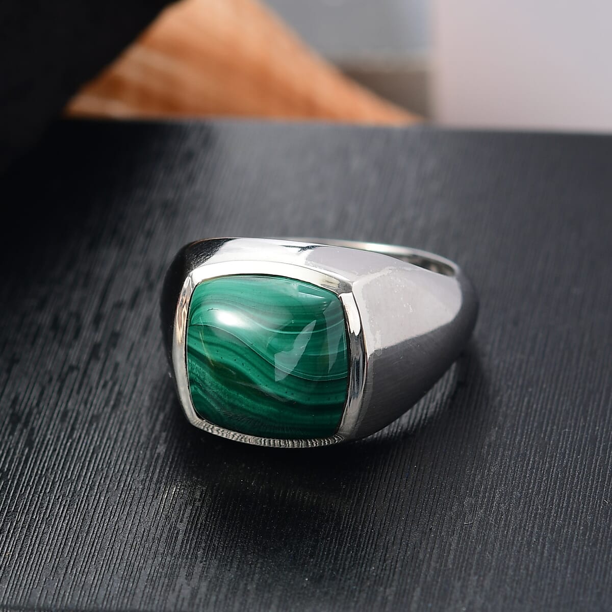 D'Joy African Malachite 10.00 ctw Men's Ring in Rhodium Over Sterling Silver (Size 13.0) image number 1