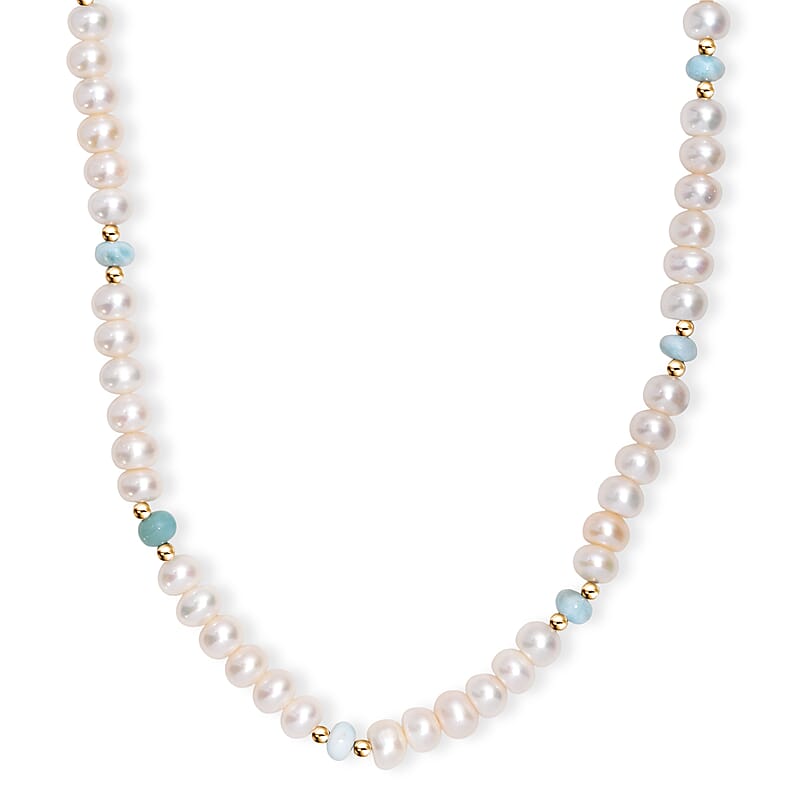 D'Joy White Freshwater Pearl and Larimar 10.00 ctw Necklace in 18K Vermeil Yellow Gold Over Sterling Silver 18 Inches