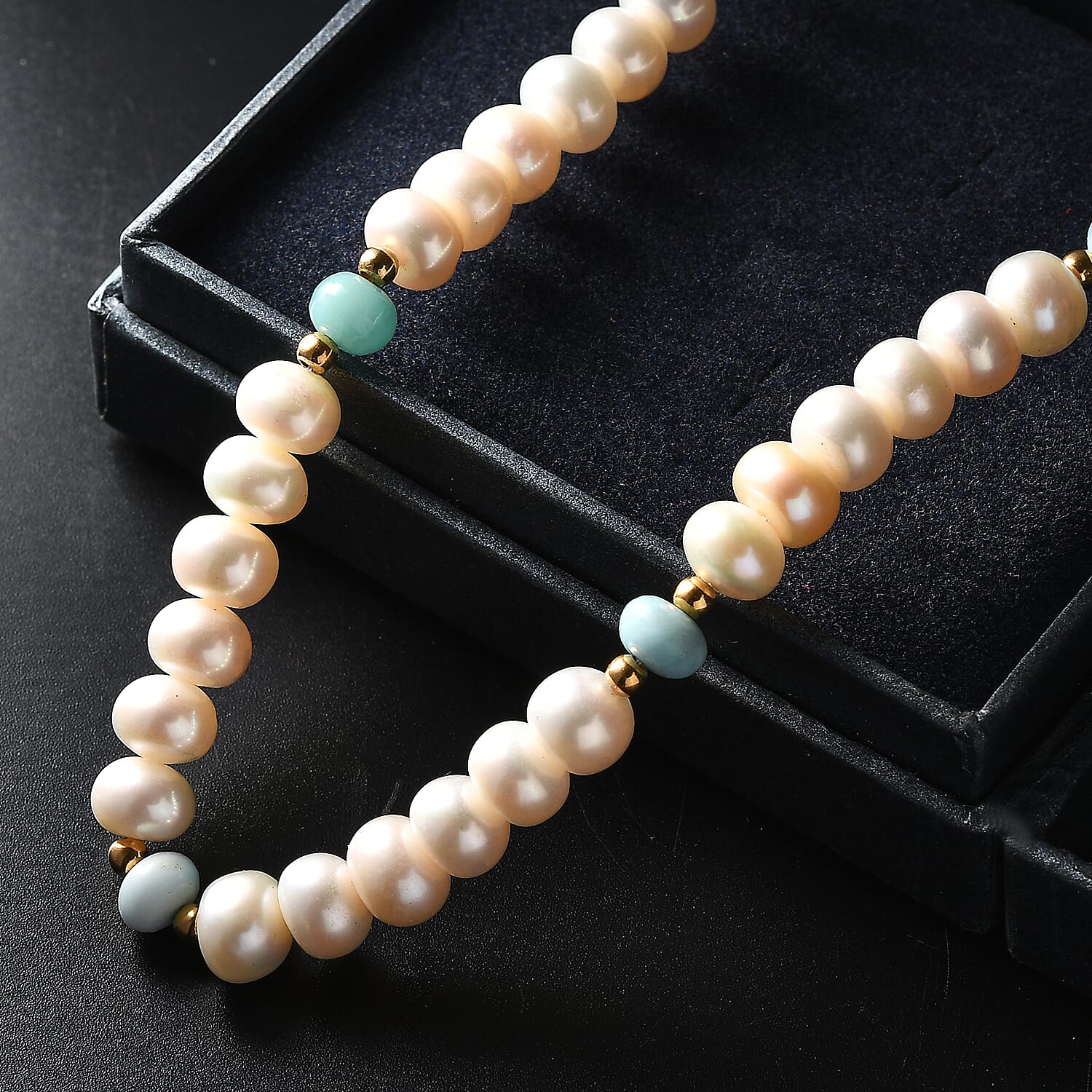 D'Joy White Freshwater Pearl and Larimar 10.00 ctw Necklace in 18K Vermeil Yellow Gold Over Sterling Silver 18 Inches