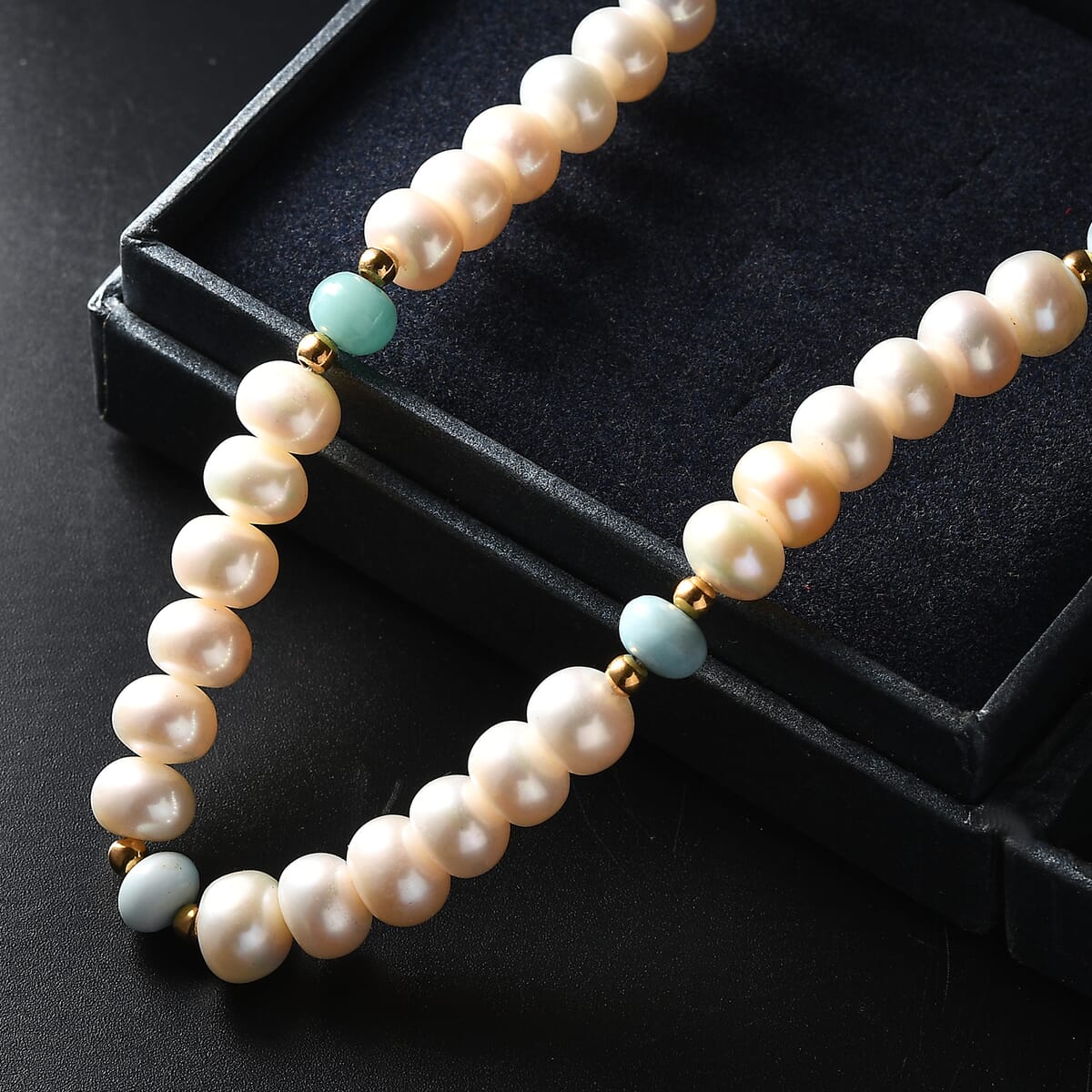 D’joy White Fresh Water Pearl and Larimar 10.00 ctw Necklace in 18K Vermeil Yellow Gold Over Sterling Silver 18 Inches image number 1