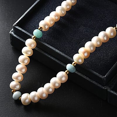 D'Joy White Freshwater Pearl and Larimar 10.00 ctw Necklace in 18K Vermeil Yellow Gold Over Sterling Silver 18 Inches