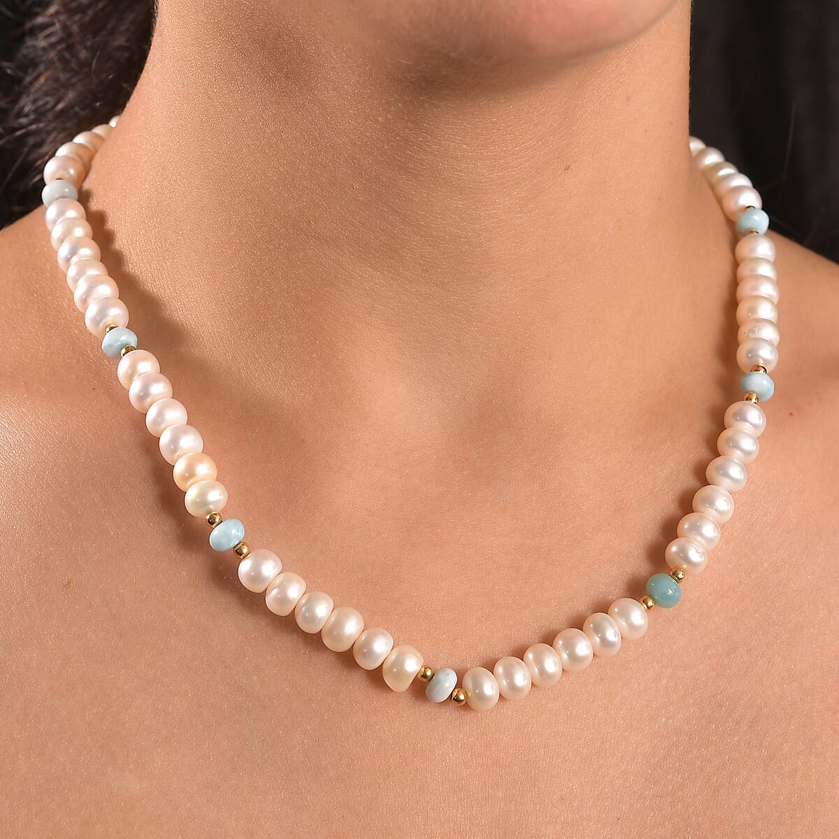 D’joy White Fresh Water Pearl and Larimar 10.00 ctw Necklace in 18K Vermeil Yellow Gold Over Sterling Silver 18 Inches image number 2