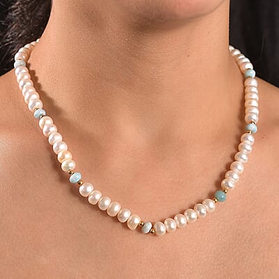 D'Joy White Freshwater Pearl and Larimar 10.00 ctw Necklace in 18K Vermeil Yellow Gold Over Sterling Silver 18 Inches