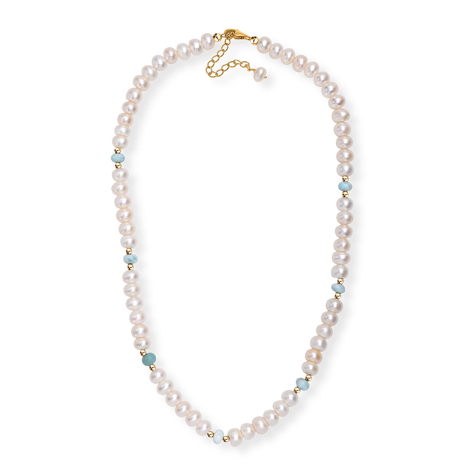 D'Joy White Freshwater Pearl and Larimar 10.00 ctw Necklace in 18K Vermeil Yellow Gold Over Sterling Silver 18 Inches