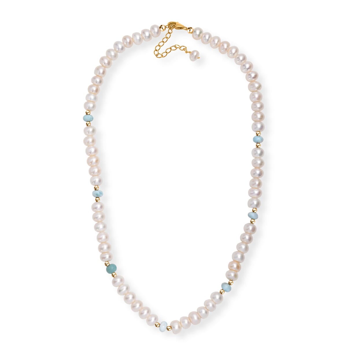 D’joy White Fresh Water Pearl and Larimar 10.00 ctw Necklace in 18K Vermeil Yellow Gold Over Sterling Silver 18 Inches image number 3