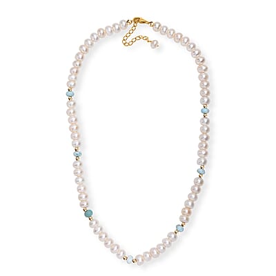 D'Joy White Freshwater Pearl and Larimar 10.00 ctw Necklace in 18K Vermeil Yellow Gold Over Sterling Silver 18 Inches