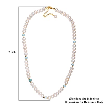 D'Joy White Freshwater Pearl and Larimar 10.00 ctw Necklace in 18K Vermeil Yellow Gold Over Sterling Silver 18 Inches