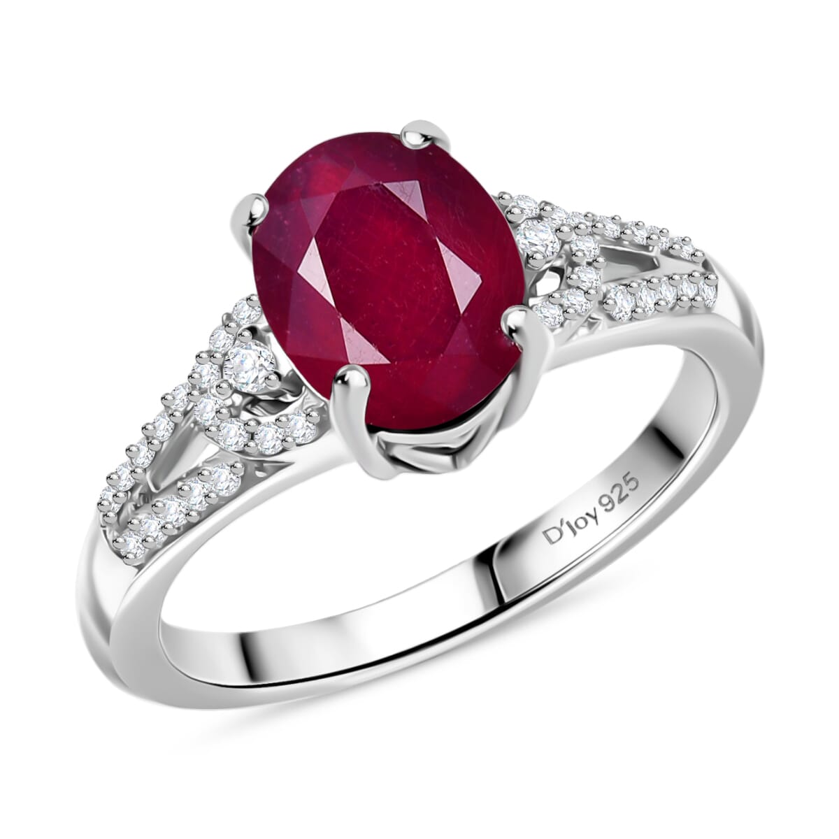 D'Joy Niassa Ruby (FF) and White Zircon 3.00 ctw Art Deco Ring in Rhodium Over Sterling Silver (Size 7.0) image number 0