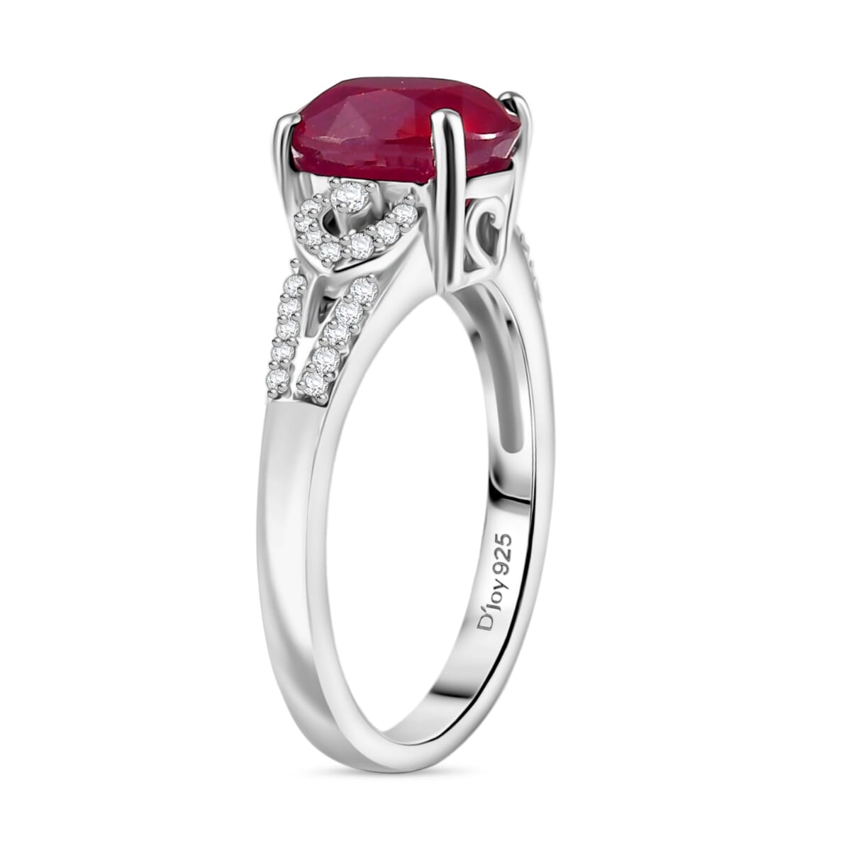 D'Joy Niassa Ruby (FF) and White Zircon 3.00 ctw Art Deco Ring in Rhodium Over Sterling Silver (Size 7.0) image number 3