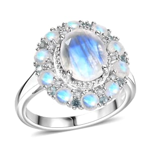 Karis Moon Glow Moonstone and Multi Gemstone 4.00 ctw Celestial Orbit Ring in Platinum Bond (Size 10.0)