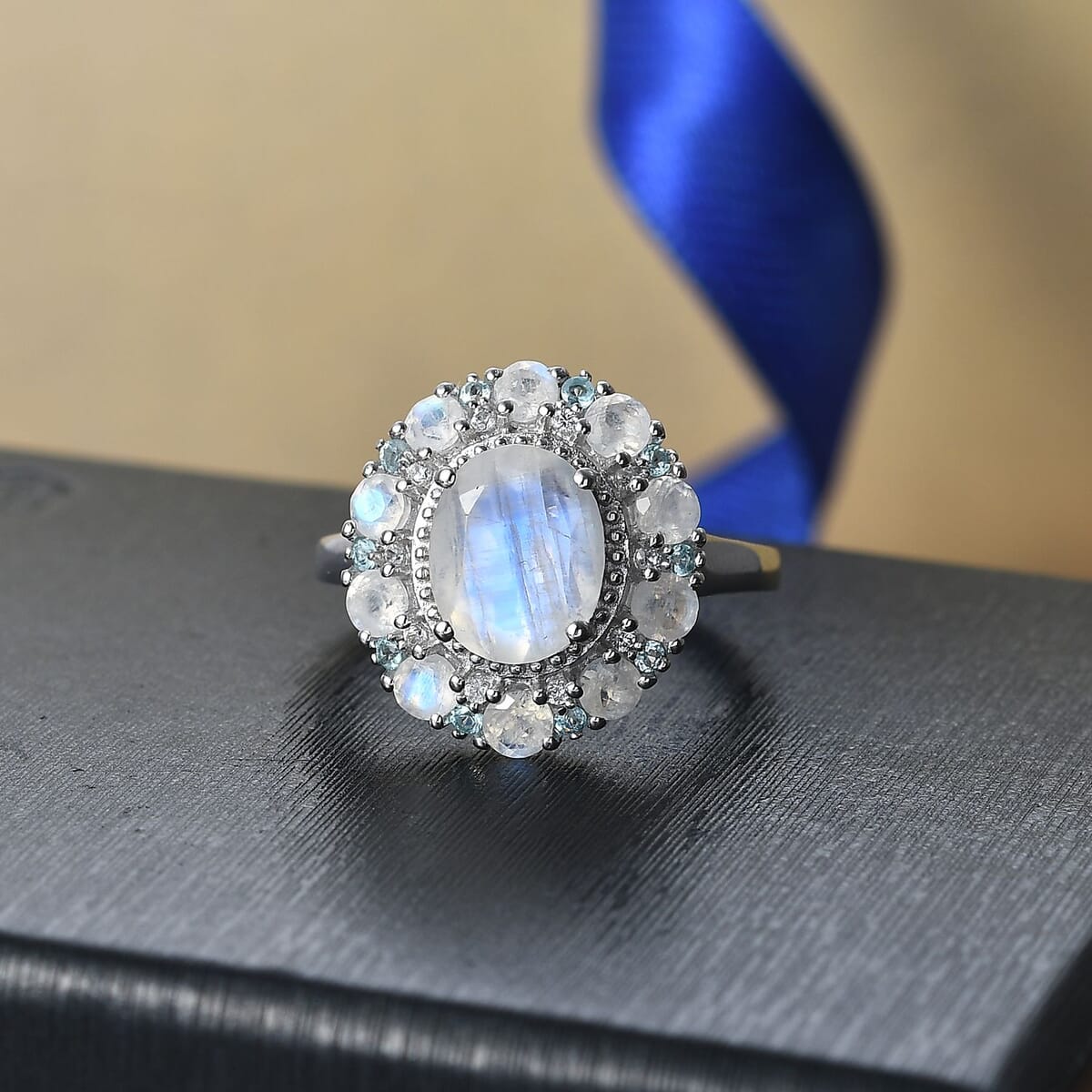 Karis Moon Glow Moonstone and Multi Gemstone 4.00 ctw Celestial Orbit Ring in Platinum Bond (Size 10.0) image number 1