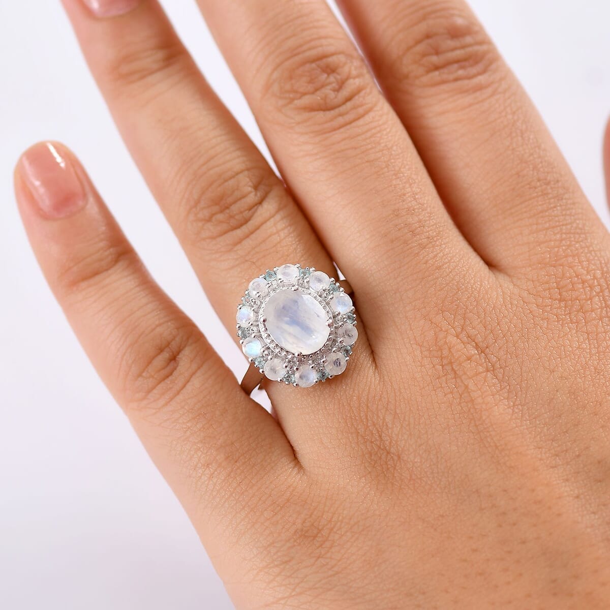 Karis Moon Glow Moonstone and Multi Gemstone 4.00 ctw Celestial Orbit Ring in Platinum Bond (Size 10.0) image number 2