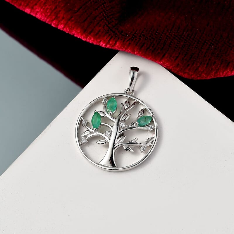 Kagem Zambian Emerald and White Zircon 0.55 ctw Pendant in Platinum Over Sterling Silver