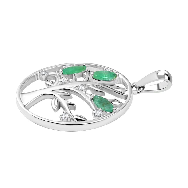Kagem Zambian Emerald and White Zircon 0.55 ctw Pendant in Platinum Over Sterling Silver
