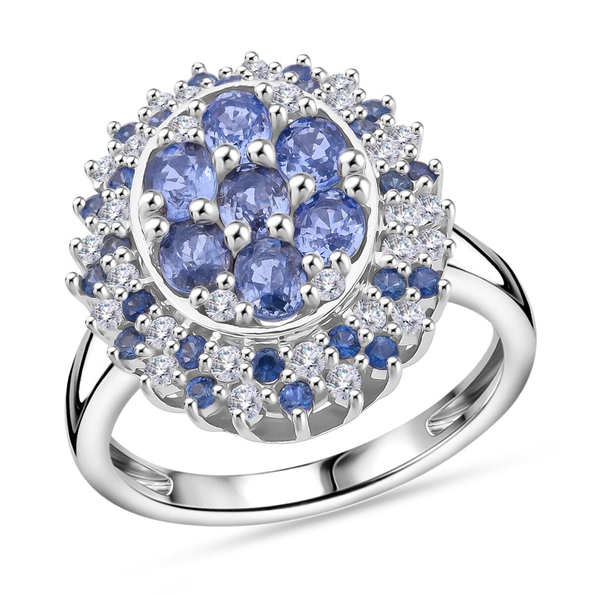 Premium Ceylon Blue Sapphire and Moissanite 2.40 ctw Celestial Crown Ring in Rhodium Over Sterling Silver (Size 10.0) image number 0