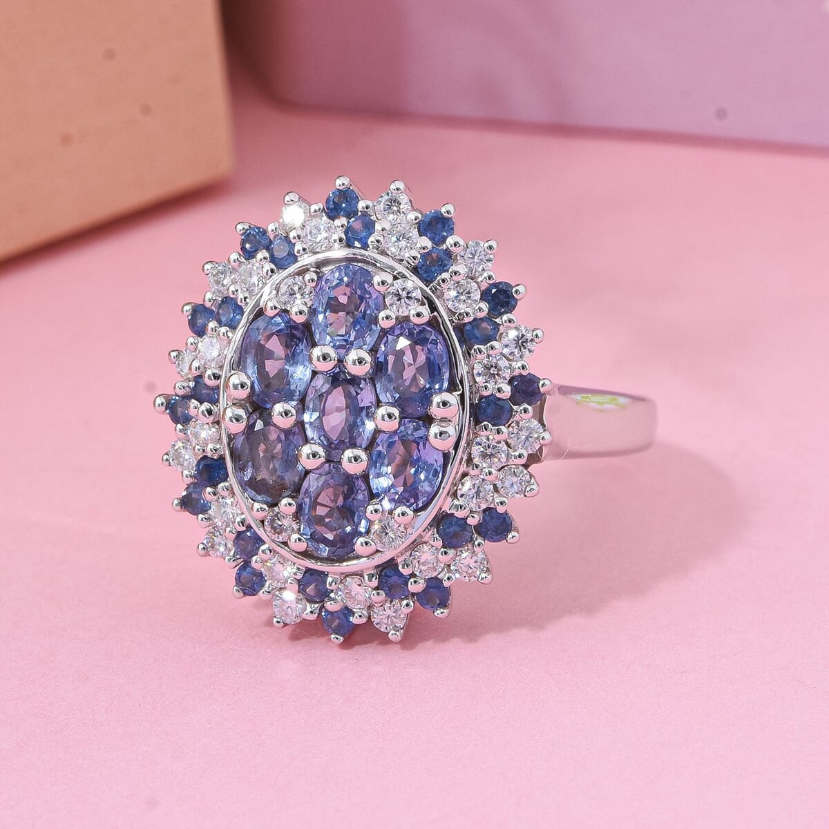 Premium Ceylon Blue Sapphire and Moissanite 2.40 ctw Celestial Crown Ring in Rhodium Over Sterling Silver (Size 10.0) image number 1