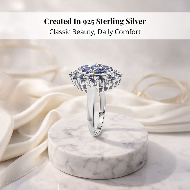 Ceylon Blue Sapphire, Moissanite Ring in Rhodium Over Sterling Silver 2.40 ctw (Size 10.0)