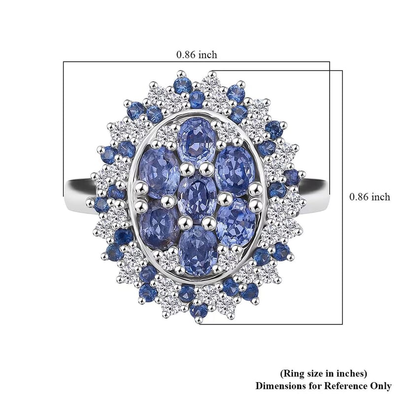 Ceylon Blue Sapphire, Moissanite Ring in Rhodium Over Sterling Silver 2.40 ctw (Size 10.0)