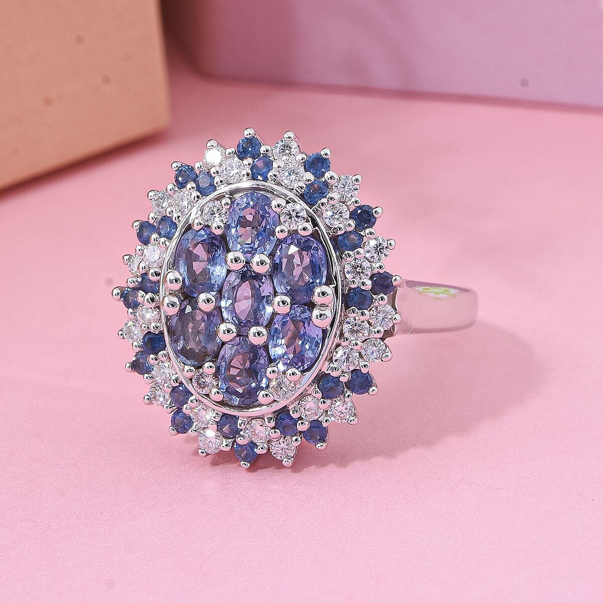 Premium Ceylon Blue Sapphire and Moissanite 2.40 ctw Celestial Crown Ring in Rhodium Over Sterling Silver (Size 7.0) image number 1