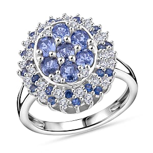Premium Ceylon Blue Sapphire and Moissanite 2.40 ctw Celestial Crown Ring in Rhodium Over Sterling Silver (Size 8.0)