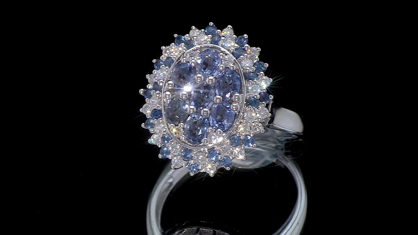 Premium Ceylon Blue Sapphire, Moissanite Ring in Rhodium Over Sterling Silver (Size 10.0) 2.40 ctw