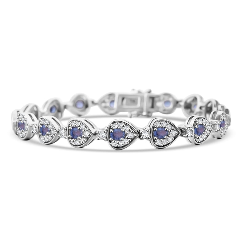 Premium Ceylon Blue Sapphire and White Zircon 7.25 ctw Tears of the Ocean Bracelet in Rhodium Over Sterling Silver (6.50 In)