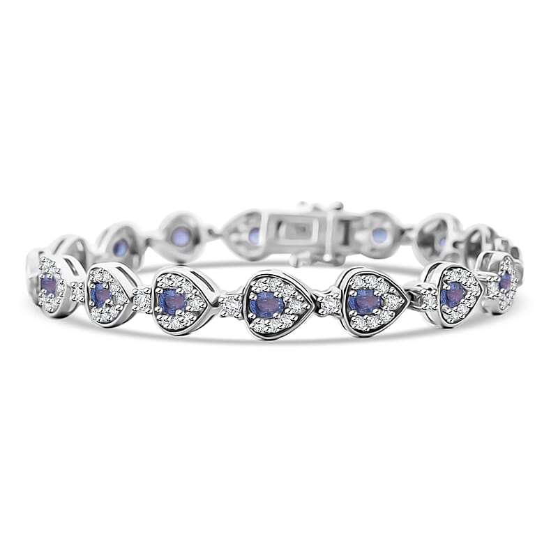 Premium Ceylon Blue Sapphire and White Zircon 7.25 ctw Tears of the Ocean Bracelet in Rhodium Over Sterling Silver (6.50 In)