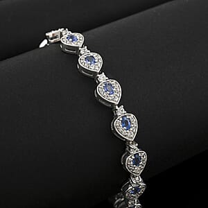 Premium Ceylon Blue Sapphire and White Zircon 7.25 ctw Tears of the Ocean Bracelet in Rhodium Over Sterling Silver (6.50 In)