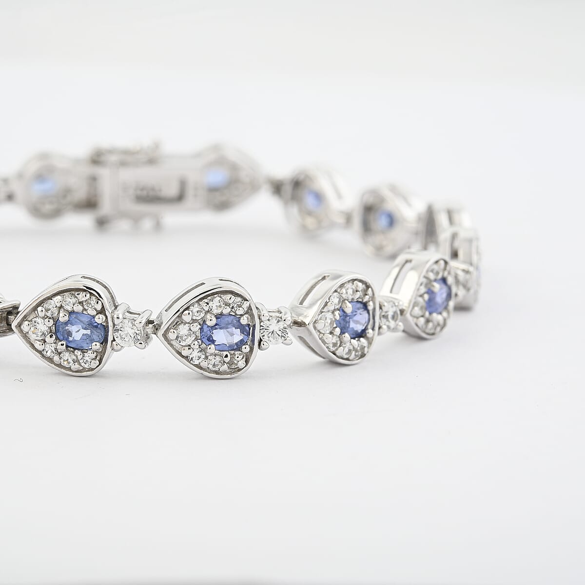 Premium Ceylon Blue Sapphire and White Zircon 7.25 ctw Tears of the Ocean Bracelet in Rhodium Over Sterling Silver (7.25 In) image number 2